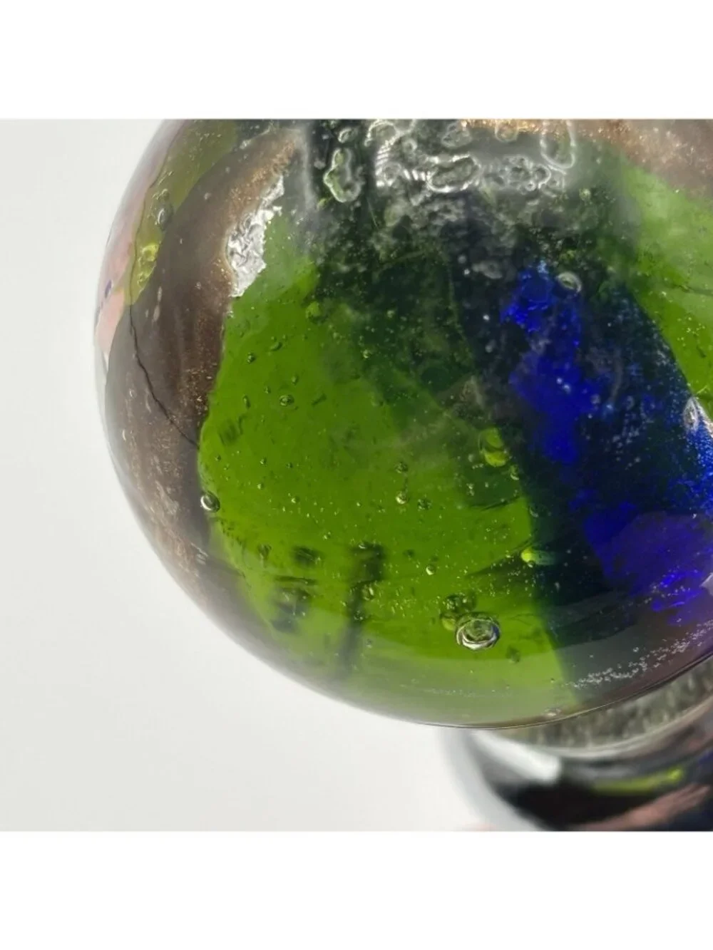 Art Glass Wine Bottle Stopper Topper Green Ball Gold Blue Striped Glossy Bubbles